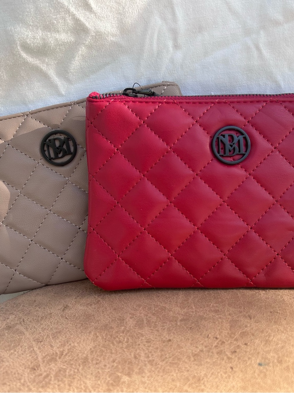 BUNDLE Quilted Red and Taupe Leather Zip Pouches